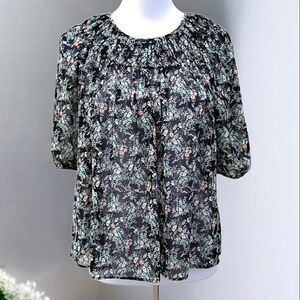 Banana Republic Dark Blue Sheer Floral Scoop Neck Half Sleeve Tunic Sz Small